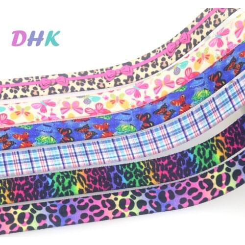 DHK 5/8'' 50yards Leopard Butterfly Grid Printed Fold Elastic FOE Stretch Ribbon Hairbow Headwear Headband DIY OEM S1560