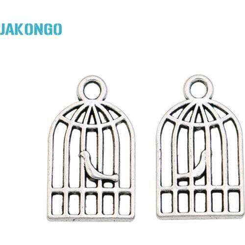 JAKONGO Antique Silver Plated Zinc Alloy Bird Cage Charms Pendants for Jewelry Making DIY Handmade Craft 19x11mm