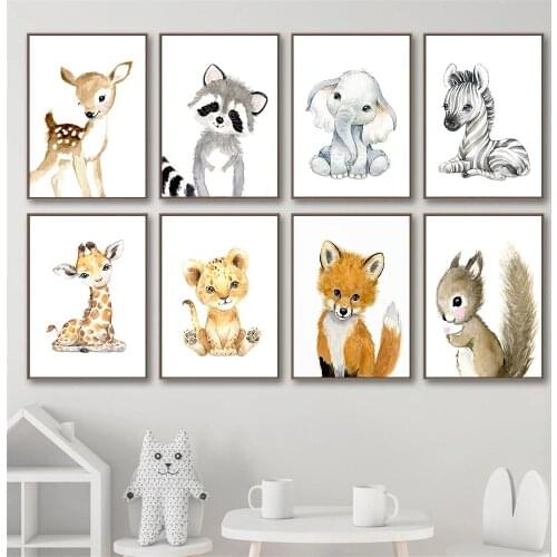 Cartoon Woodland Animal Print Zebra Giraffe Fox Elephant Poster Canvas Painting Nursery Wall Art Pictures Kids Baby Room Decor