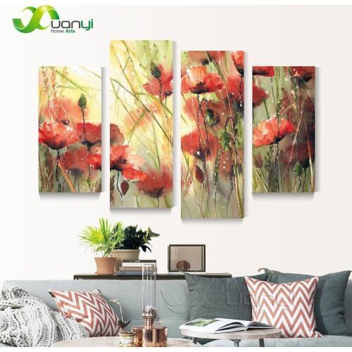 4 Panel Canvas Flowers Watercolors Paintings Wall Art Picture Modern Prints Abstract Flower Oil Paintings For Bed Room Unframed