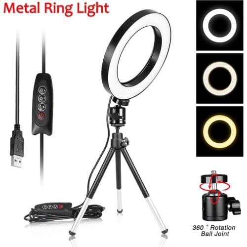 SH 6 Inch LED Metal Ring Light Photography Selfie Lamp with Tripod Dimmable Photo Studio Phone Video Ring Lamp for Live YouTube