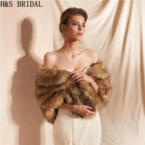 H&S BRIDAL Brown Warm Faux Fur Shawl Wedding Wrap Winter Wedding Bolero Bridal Wraps Jacket Wedding Accessories Coat