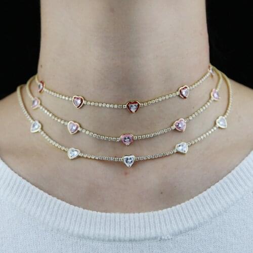 Red Pink White Enamel 5A Cubic Zirconia Clear Heart CZ Tennis Chain Chokers Heart Charm Choker Necklace 2021 New