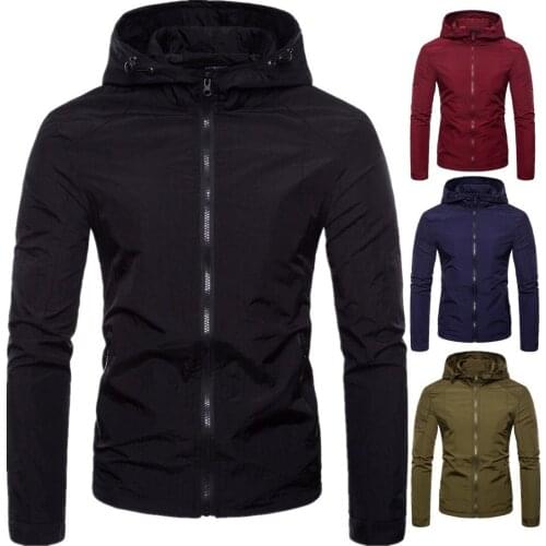 Mens Hooded Jacket Long Sleeve Solid Color Stand Collar Cardigan Jacket Coat Casual Slim Type Zipper Tops