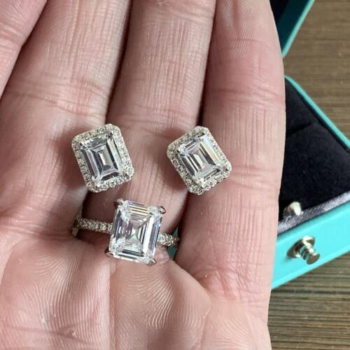 Real 925 Sterling Silver Jewelry set for Engagement ring round stud earring for Wedding christmas Valentines Day gift party