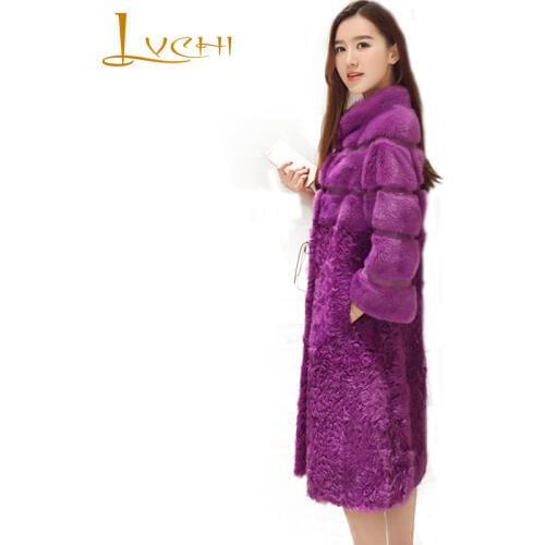 LVCHI Winter 2019 Full Pelt Mink Fur Coat Womens Mandarin Collar Three Quarter Mongolia Sheep Fur Medium Purple Mink Fur Coats