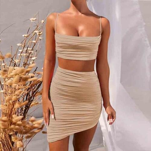 2021 Summer New Fashion Womens Folds Sexy Low-Cut Camisole Two-Piece Irregular Package Hip Skirt