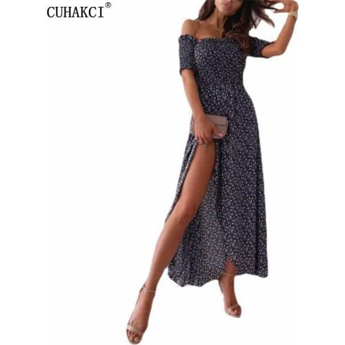 CUHAKCI Bohemian Maxi Dress Robe Femme Boho Floral Sexy Strapless Beach Summer Sundresses Vintage Women Split Floral Print Long