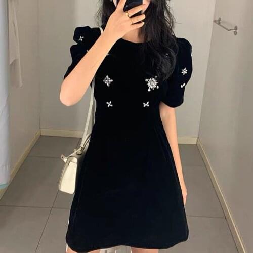 Crystal Beading Summer Black Dress Women O-Neck Puff Sleeve A-Line High Waist Mini Dress Gothic Korean Party Dress Office Z398