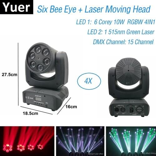 6X10W Moving Head Beam Light RGBW 4IN1 Dj Effect Stage Lighting Green Color Laser Disco Light DMX 512 Controller Discolamp luces