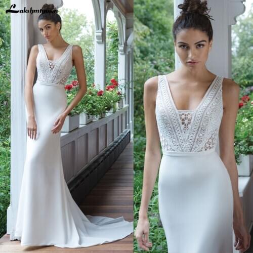 Sexy Backless Wedding Dress 2021 Crepe Fit and Flare Gown with Allover Lace Bodice Wedding Gowns Robe Femme Lakshmigown