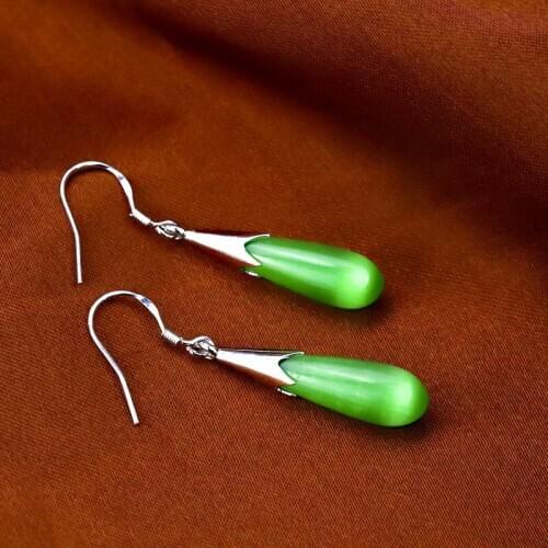 925 Silver Earrings For Women Green Opal Waterdrop Dangle Ear Cuff New Fashion Jewelry Brincos Femme Pendientes Oorbellen Gifts