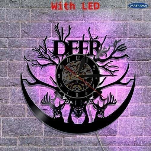 Deer Silhouette Wall Clock Made Of Vinyl LED Lighting Vintage Home Decor Wall Art Unique Handmade Vinyl Light Wall Clock