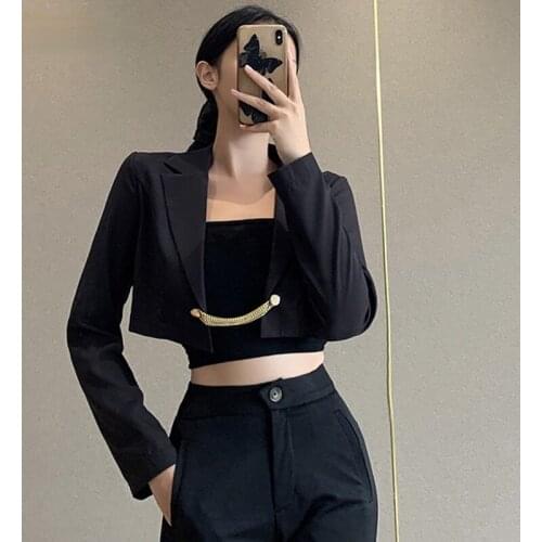 Streerwear Metal PatchworkBlack Blazer Jacket Women Fashion Crop Suits V-neck Casual Fitness Female Tops Autumn