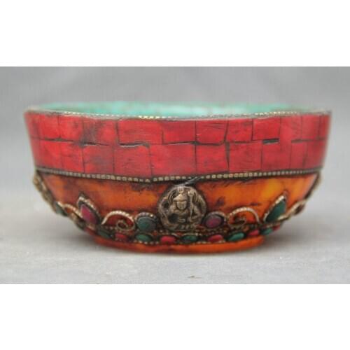 Tibet Buddhism Religion Artificial Red Coral Resin Turquoise Beeswax Buddha Bead Offering Bowl