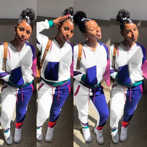 Ueteey New Two-piece Sportswear Hooded Collar Patchwork Blue Two Piece Pants Set