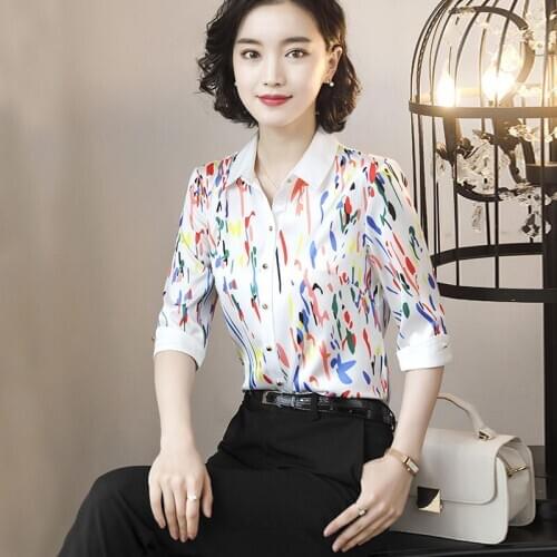 Office Work Wear OL Women Chiffon Blouses Shirts Lady Casual Half Sleeve Turn-down Collar Blusas Tops DD1847