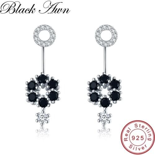 [BLACK AWN] Fine Jewelry 925 Sterling Silver Earrings Black Spinel Flower Wedding Stud Earrings for Women Female Bijoux I029