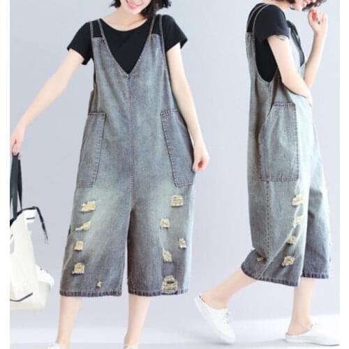 #2370 Summer Casual Vintage Rompers Womens Jumpsuit Calf-length Jumpsuit V neck Loose Hole Big Pockets Rero Denim Jumpsuit Femme