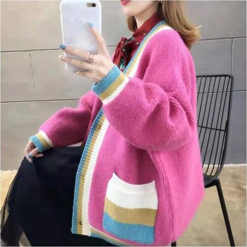 Women 2021 Autumn Fashion Korean Loose Patchwork Jumpers Female V-neck Sweater Jackets Ladies Knitted Cardigan Coats Y447