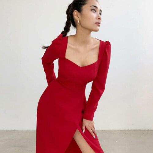 2021 Spring Long Sleeves Women Dress Casual Sexy Puff Sleeve Square Collar Split Female Dress Elegant Party Knitted Dress