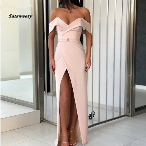 Champagne Evening Dresses 2021 robe de soiree Off the Shoulder Sheath Prom Dress High Slit Sexy Long Elegant Evening Gown