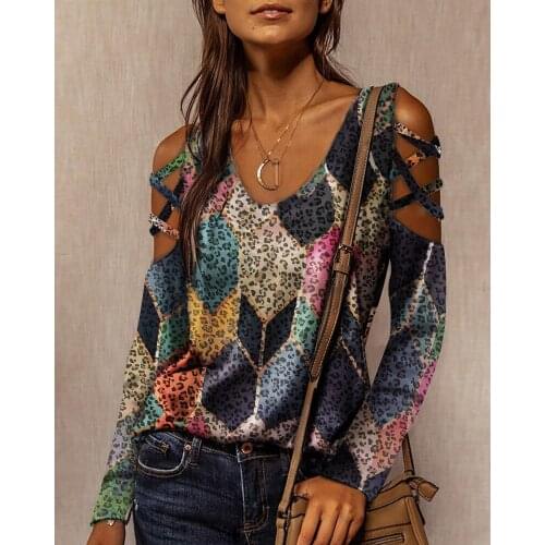 Sexy Off Shoulder Blouse Women Shirts Spring Elegant O-Neck Loose Tops Pullovers Fashion Geometric Print Female Casual Blusas