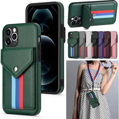 Lanyard Wallet Card Holder Case For iPhone 12 Pro Max 11 X XS XR 6 6S 7 8 Plus SE 2020 Leather Flip Stand Book Cover Phone Coque