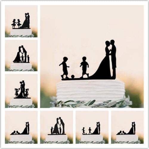 Black Acrylic Twins Style Cake Topper Bride and Groom Wedding Cake Topper Two Kids Boys Girls Family Topper Cake Decorating
