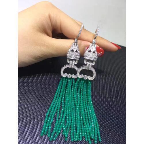 Long tassels Earring Green stone drop earring multi layers 925 sterling silver with cubic zircon fashion women jewelry