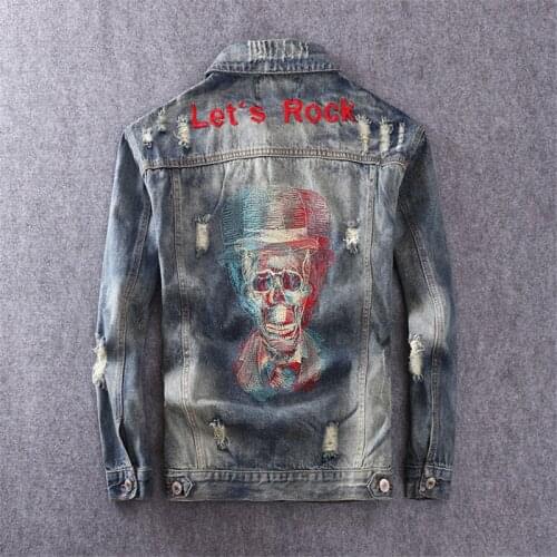 Denim Jacket Men Hole Distressed Jeans Coat Hip Hop Embroidery Skulls Jacket Streetwear Outerwear