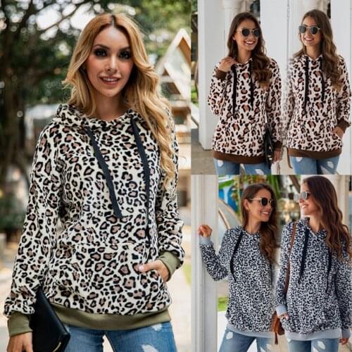 Hot sale 2021 autumn and winter sexy leopard print pocket tethered hooded loose plush sweater women Large size