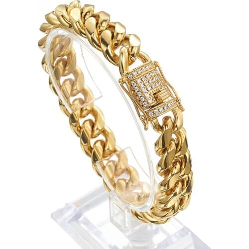 Top Design 14MM Stainless Steel Gold Tone Crystal Buckle Handamde Cuban Curb Chain Mens Women Bracelet Wristband Fashion Jewelry