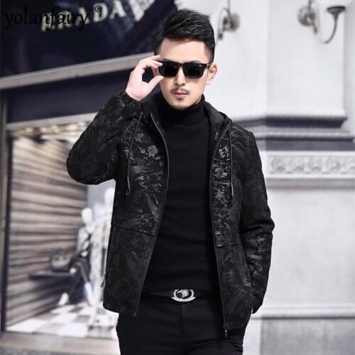 2020 Mens Genuine Leather Jacket Hooded 100% Sheepskin Coat Mens Print Leather Jackets Chaqueta Cuero Hombre 1802 YY442