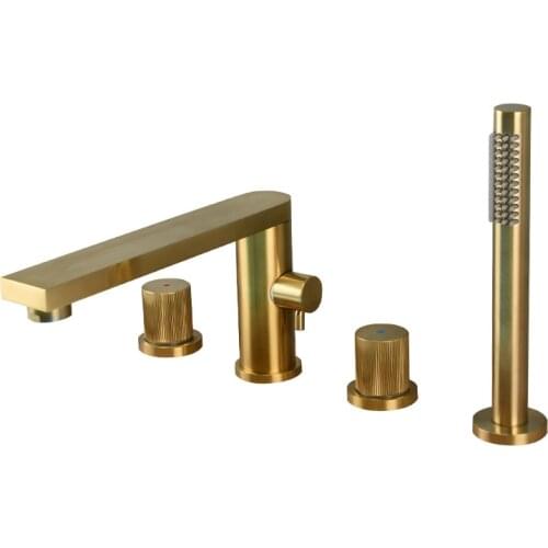 Bathroom Bathtub Faucets Set Brass Sink Mixer Taps Hot & Cold Deck Mounted 2 Handle 4 Hole With Handheld Widespread Brushed Gold