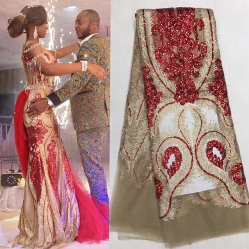 Nigerian laces Fabric 2021 Gold African Red Cord Laces Fabrics With Sequins High Quality Nigerian Lace For Wedding Dress JL1103