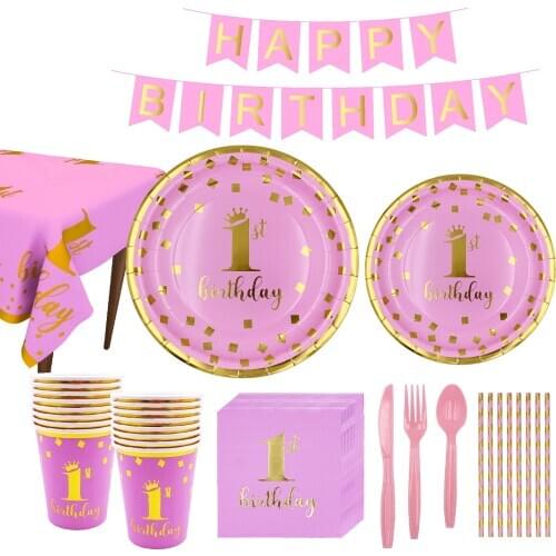 New Bronzing Paper Tray Disposable Tableware Set Decor First birthday Baby Shower Kids Plates Napkins Tablecloth Straw Supplies