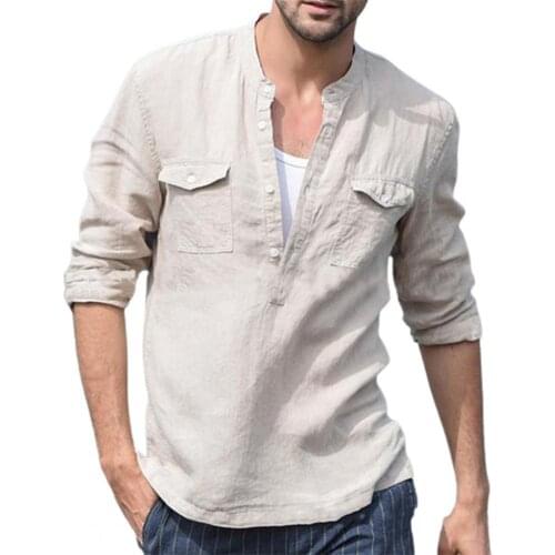 Long Sleeve Stand Collar Solid Color V Neck Pockets Pullover Men Beach Shirt for Vacation Casual Cotton Linen tshirt Tops