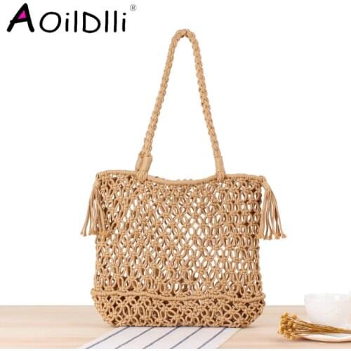 Shoulder woven bag tide female forest straw handbag hand-made cotton rope net bag beach tote