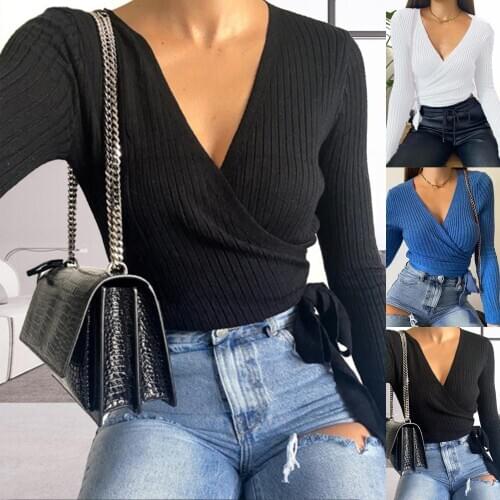 2020 New Sexy Deep V Neck Sweater Womens Pullover Casual Bottoming Sweaters Female Elastic Cotton Long Sleeve Top women clothes
