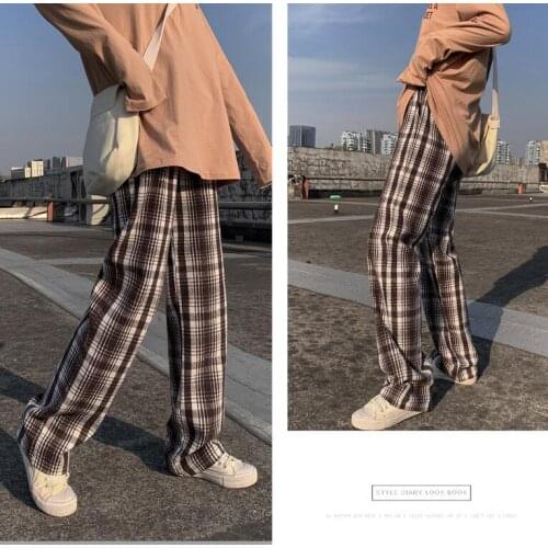 Woolen Plaid Straight Women Pants Fall/Winter Wide Pants Womens High Waist Pants Loose and Thin Casual Straight Pants