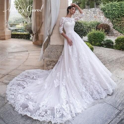 Ashley Carol A-Line Wedding Dress 2021 Glamorous Appliques Lace Up O-Neckline Half Sleeve Bride Gowns Princess Bridal Dresses