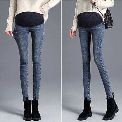 Pregnancy Warm Thick Denim Pants Winter Fleece Maternity Jeans for Pregnant Women Plus Velvet Maternity Trousers