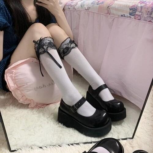 Women Girls Lolita Cotton Knee High Long Socks Sweet Ruffles Lace Trim Bowknot Japanese Kawaii Stockings Cosplay Hosiery
