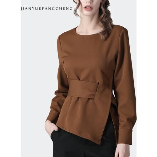 Fashion Candy Color Women' Blouse With Waist Belt Irregular Split Long Sleeve Pull On Top Elegant Ladies Office Vintage Blouses