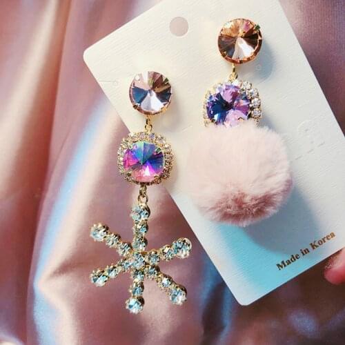 MENGJIQIAO Korean Winter Fashion Asymmetric Snowflake Crystal Drop Earrings For Women Fluffy Ball Pompon Pendientes Jewelry