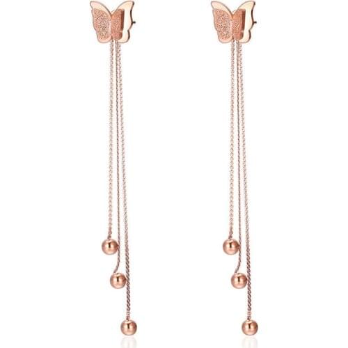 Fashion Lady Rose Gold Stainless Steel Earrings Butterflies Long Lines Jewelry Earrings For Women Girl Gift JE17093