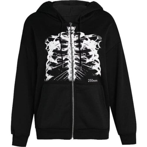 Women Hooded Sweater Adults Skeleton Print Long Sleeve Cardigan with Drawstring, Pocket