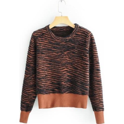 MESTTRAF Women 2021 Fashion New Round Neck Pullover Zebra Knitwear Vintage Long Sleeve loose Slouchy Sweater Streetwear