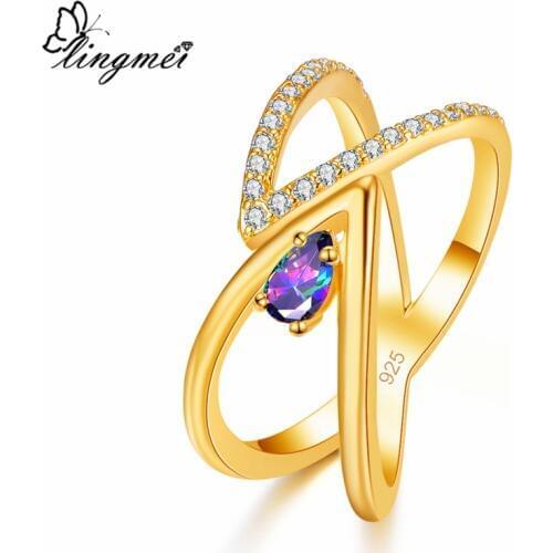 Lingmei Exquisite Women Pear Cut WeddingJewelry Rainbow Blue Zircon Yellow GoldHollow Ring Size 6 7 8 9 Anniversary